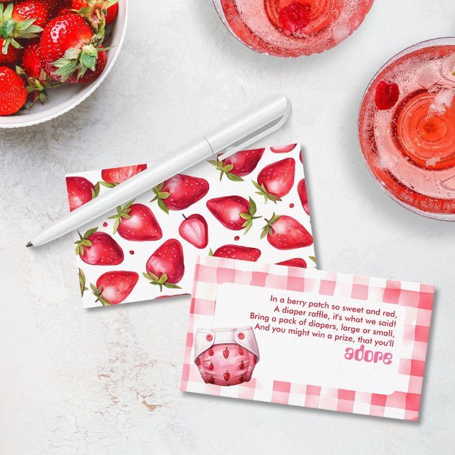 Cartão De Informações Fralda Raffle Chá de fraldas Strawberry Gingham Pi (Diaper Raffle Card Strawberry Gingham red pink card baby shower party retro vintage picnic cottage)