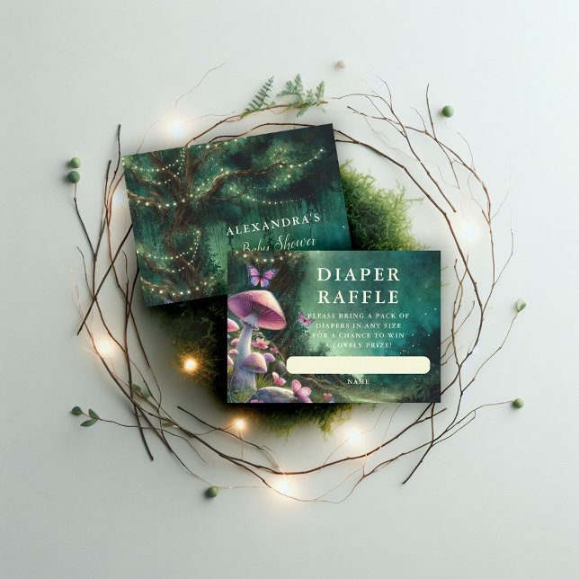 Cartão De Informações Fralda Raffle Cogumelos Rosa-Rosa Florestais Encan (enchanted forest garden mushroom baby shower diaper raffle insert enclosure woodland butterflies)