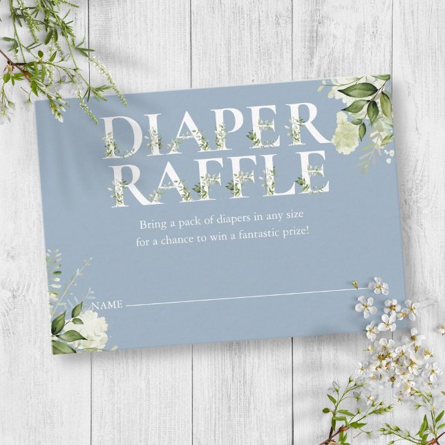 Cartão De Informações Fralda Raffle Greenery Dusty Chá de fraldas Azul (Diaper Raffle Greenery Dusty Blue Baby Shower Enclosure Card)