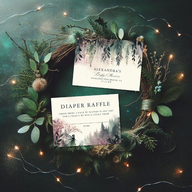 Cartão De Informações Fralda Raffle Montanhas de Fadas Florestais Encant (diaper raffle card baby shower enclosure enchanted forest fairy mountains emerald mauve)