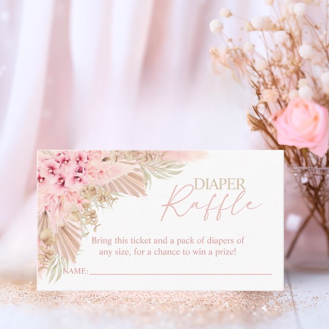 Cartão De Informações Fralda Rosa Boho Pampas Chá de fraldas RAFFLE (Boho Pampas Pink Girl DIAPER RAFFLE Baby Shower Enclosure Card)