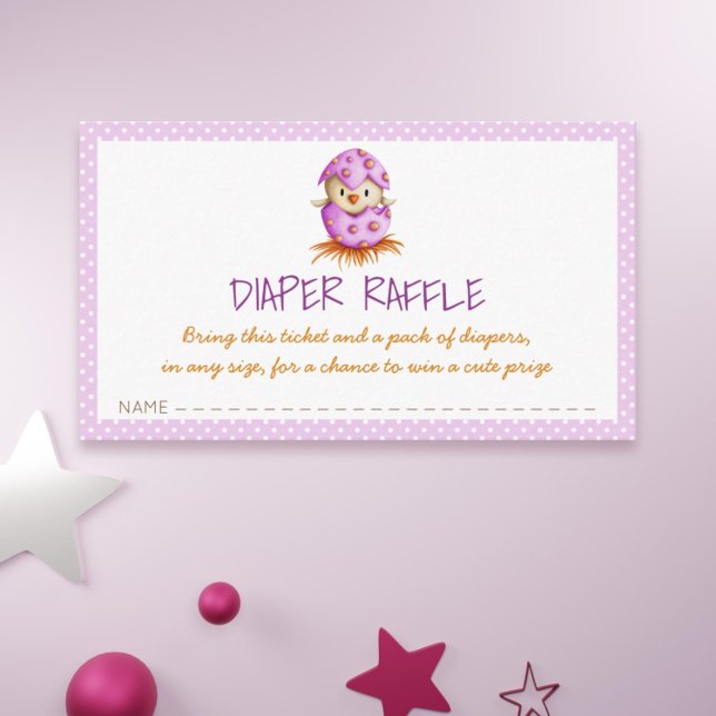 Cartão De Informações Fralda rosa Raffle com Chá de fraldas de Ataque de (Cute pink baby shower diaper raffle card with a bird hatching)