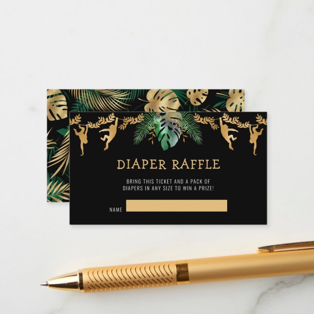 Cartão De Informações Fralda Safari Raffle Chá de fraldas Dourado Verde (Frente/Verso In Situ)