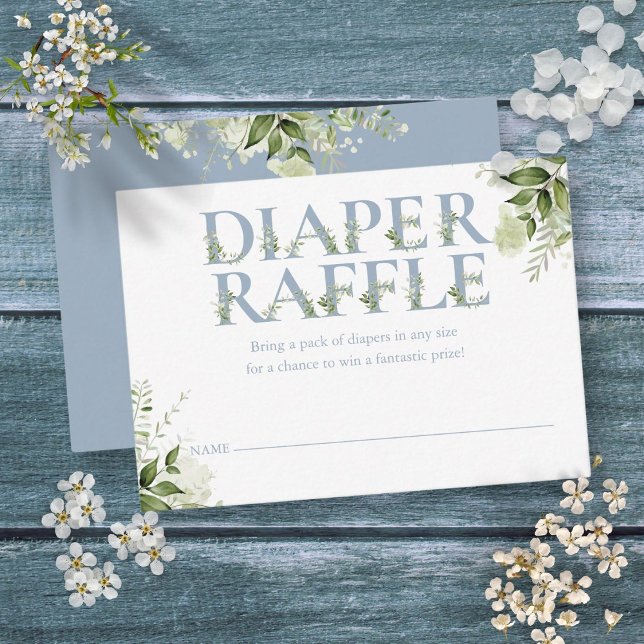 Cartão De Informações Fralda verde Dusty Chá de fraldas Raffle (Dusty Blue Greenery Diaper Raffle Baby Shower Enclosure Card)