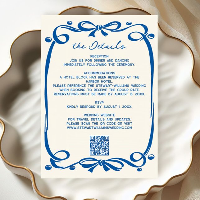 Cartão De Informações French Blue Whimsical Hand Drawn Ribbon Wedding  (Criador carregado)