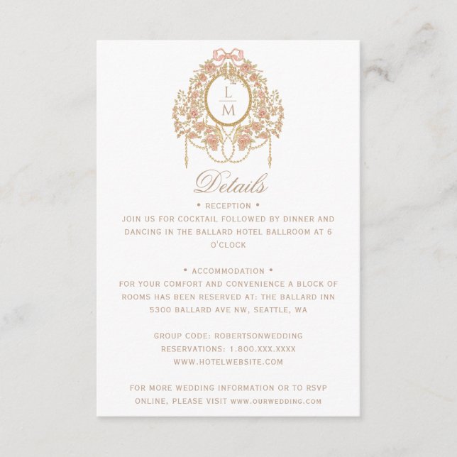Cartão De Informações French Rococo Rose Monogram Wedding (Frente)