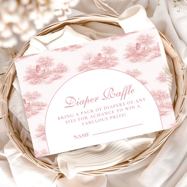 Cartão De Informações French Toile Baby Shower Pink Diapper Raffle (Criador carregado)