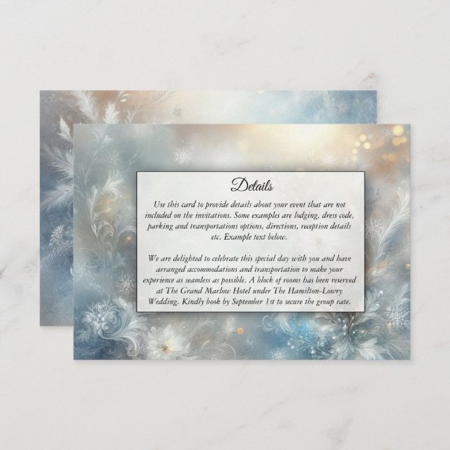 Cartão De Informações Frozen Petals in a Golden Winter Mist Wedding (Frente/Verso)