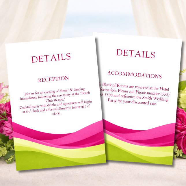 Cartão De Informações Fuchsia & Lime Green Modern Wedding Details (Fuchsia & Lime Green Modern Wedding Details Enclosure Card Reception and Accommodations)