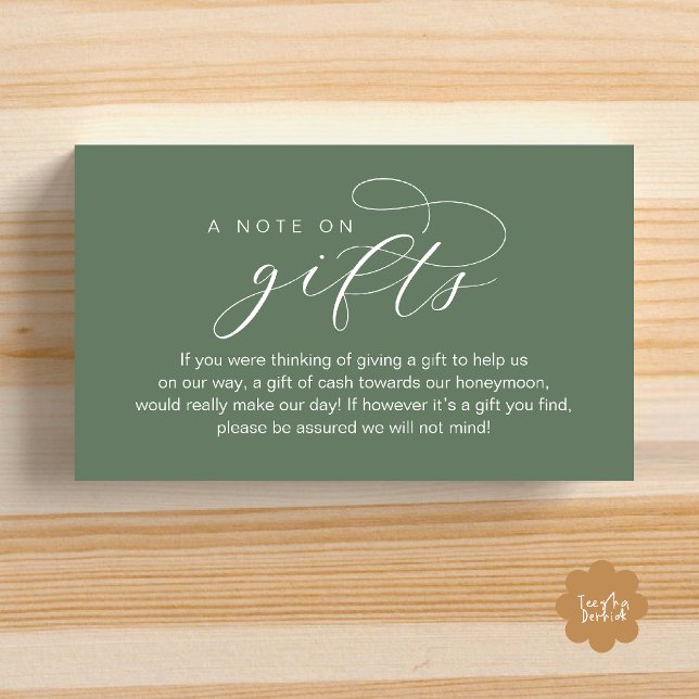 Cartão De Informações Fundo de Lua de Mel, Uma Nota sobre Presentes (Wedding Honeymoon Fund, A Note on Gifts, Wish, Cash, Modern Minimal Enclosure Card in Sage Green)