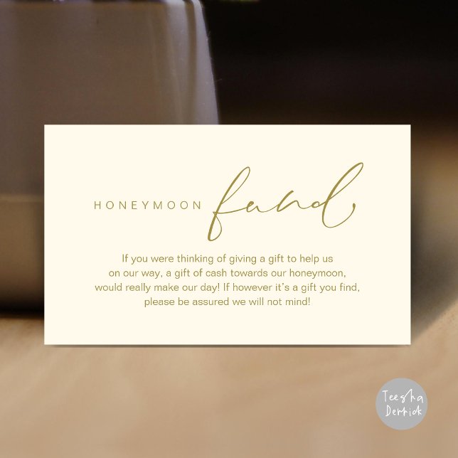 Cartão De Informações Fundo Honeymoon, Casamento Romântico Moderno (Wedding honeymoon wish, fund, enclosure card, A note on gifts, modern romantic, Classy Yellow Gold)