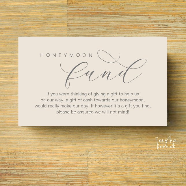 Cartão De Informações Fundo para Lua de Mel, Uma Nota sobre Presentes (Wedding Honeymoon Fund, A Note on Gifts, Wish, Cash, Modern Minimal Enclosure Card in Cream Grey)