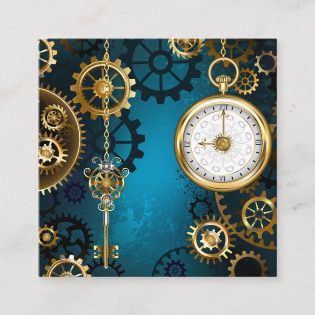 Cartão De Informações Fundo turquesa de Steampunk com Engrenagens (Frente)
