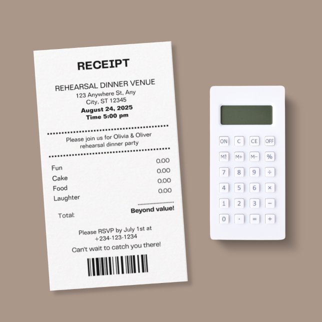 Cartão De Informações Funny, Receipt theme rehearsal dinner invitation (Criador carregado)
