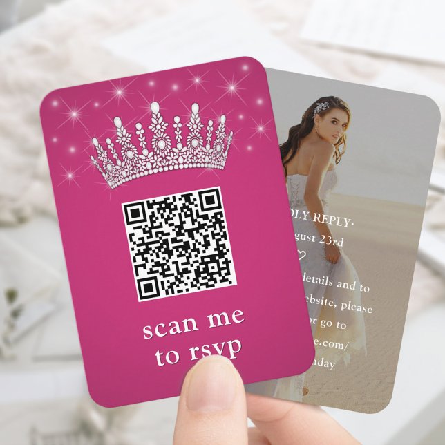Cartão De Informações Fuschia Pink QR RSVP Quinceañera Crown & Photo (Criador carregado)