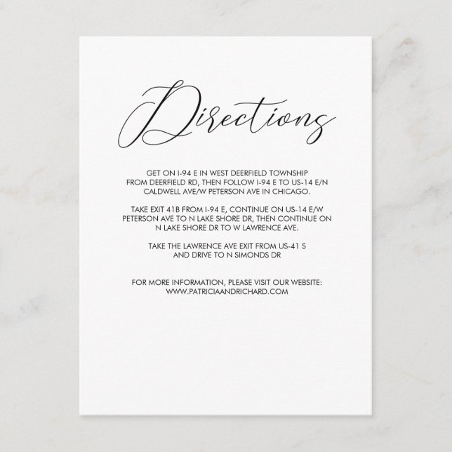 Cartão De Informações Gabinete Chic Modern Script Wedding Directions (Frente)