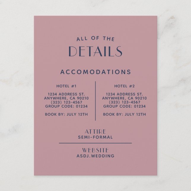 Cartão De Informações Gabinete de Detalhes de Casamento de Marinho Blush (Frente)