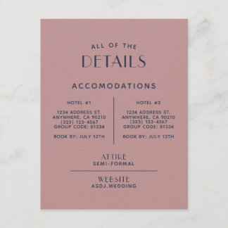 Cartão De Informações Gabinete de Detalhes de Casamento de Marinho Blush