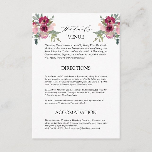 Cartão De Informações Gabinete de Detalhes de Casamento do buquê Burgund (Frente)