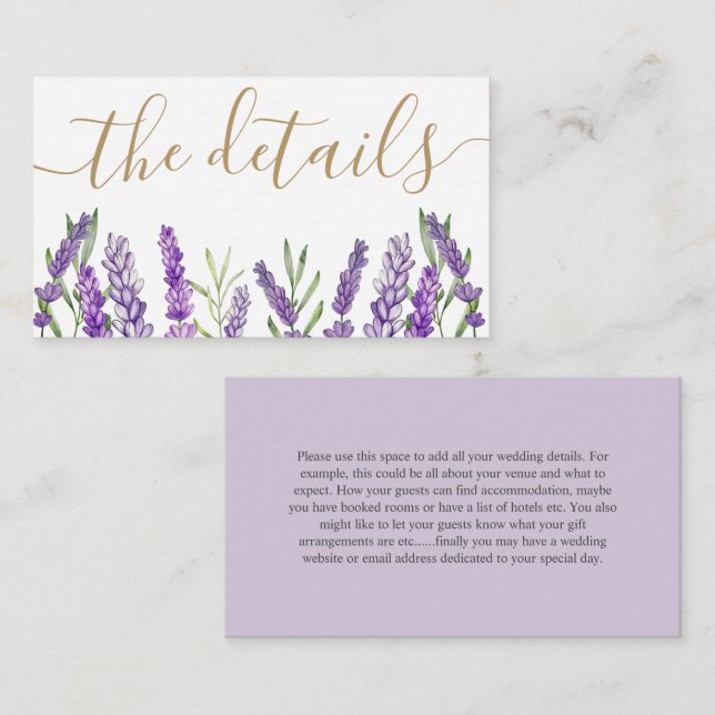Cartão De Informações Gabinete de Detalhes do Casamento de Lavandas Roxo (Frente/Verso)