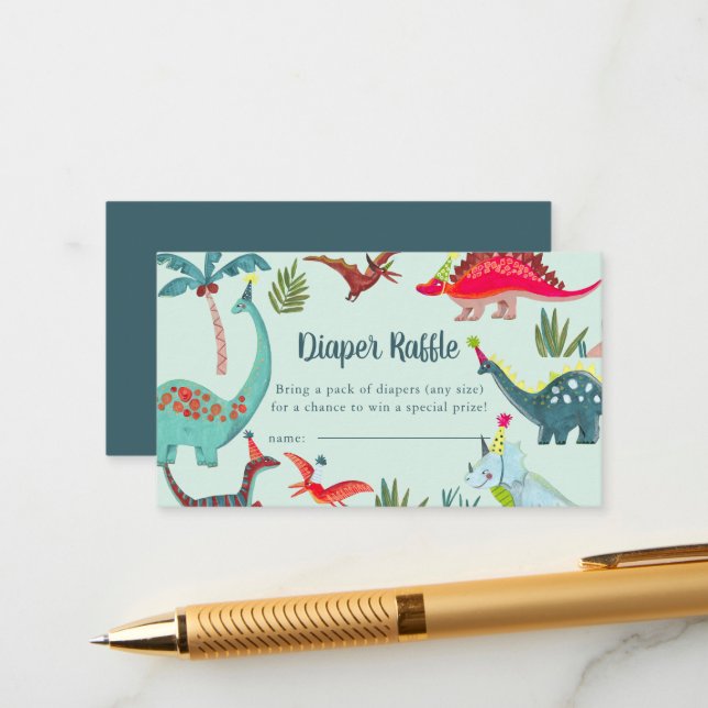 Cartão De Informações Gabinete de Raffle Chá de fraldas Azul Dinossaur (Frente/Verso In Situ)