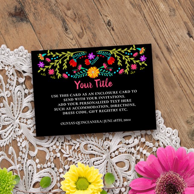 Cartão De Informações Gabinete Personalizado de Preto Floral do México F (Custom reception card for quinceanera or other special event from Mexican Fiesta Floral collection)