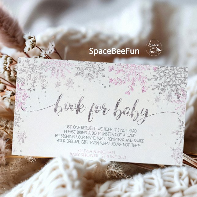 Cartão De Informações Garota Chá de fraldas de inverno em floco de neve (Snowflake diaper raffle, winter baby shower, girl diaper raffle, snowflake book for baby, winter dia)