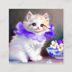 Cartão De Informações Gato branco com pintura de colarinho de flores rox