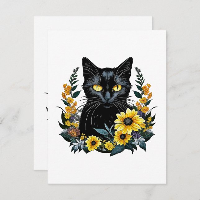 Cartão De Informações gato preto com flores (Frente/Verso)