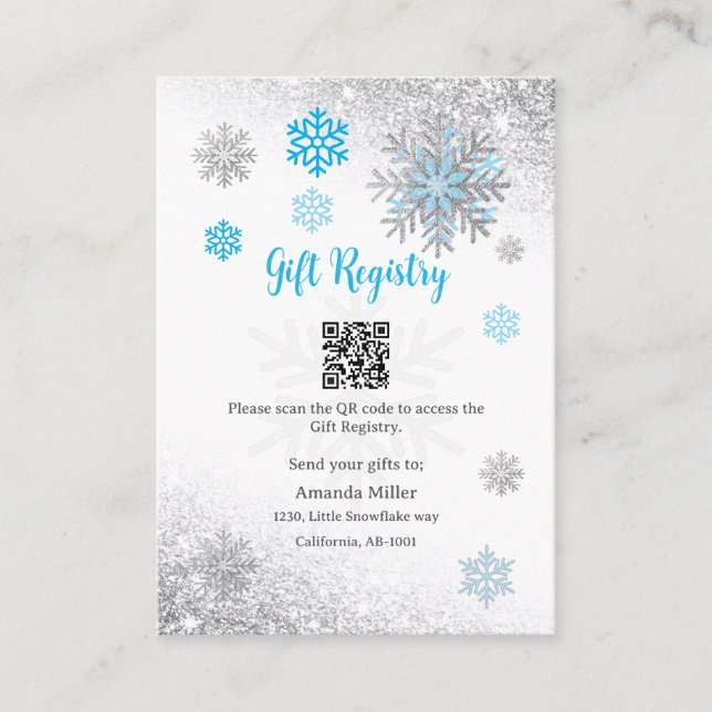 Cartão De Informações Gift Registry Snowflake Winter Baby Shower QR Code (Frente)