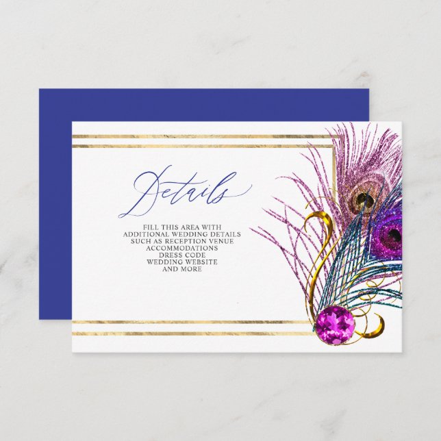 Cartão De Informações Glitter Gold Blue Purple Peacock Plume Wedding (Frente/Verso)