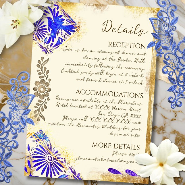 Cartão De Informações Gold Blue Mexican Baroque Hummingbird Wedding Encl (Elegant Baroque details with cobalt and gold accents bring this Mexican-inspired card to life.)