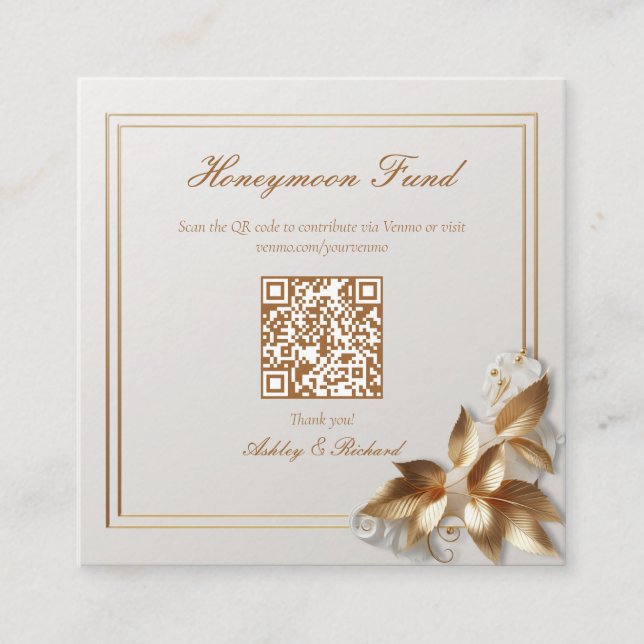 Cartão De Informações Gold Botanical Wedding Honeymoon Fund QR Code (Frente)