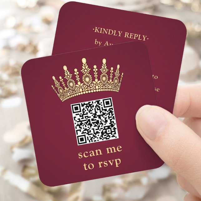 Cartão De Informações Gold Crown Burgundy Quinceañera Scan Me QR RSVP (Criador carregado)
