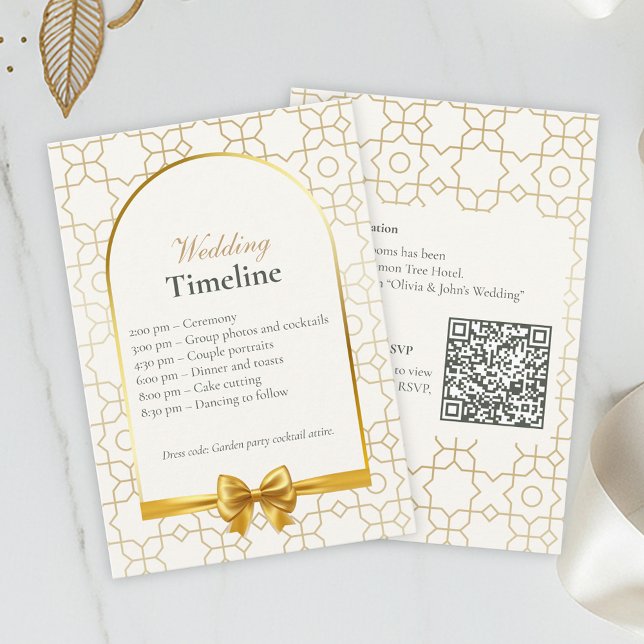 Cartão De Informações Gold Geometric Wedding Timeline Cards with QR Code (Gold & Ivory Geometric Art Deco Wedding Timeline Card)