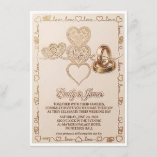Cartão De Informações Gold Hearts & Wedding Rings Elegant Invitation