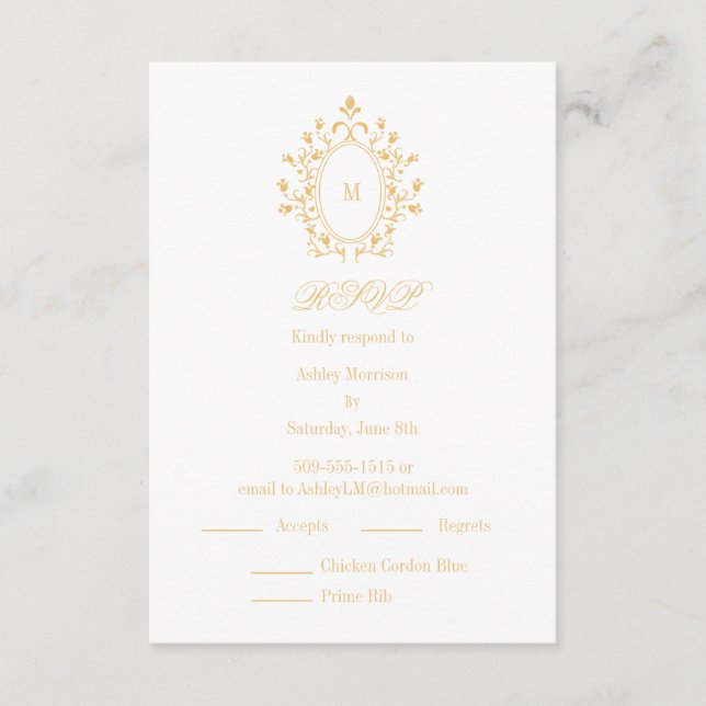 Cartão De Informações Gold RSVP card Monogram With 2 Entree Choice (Frente)