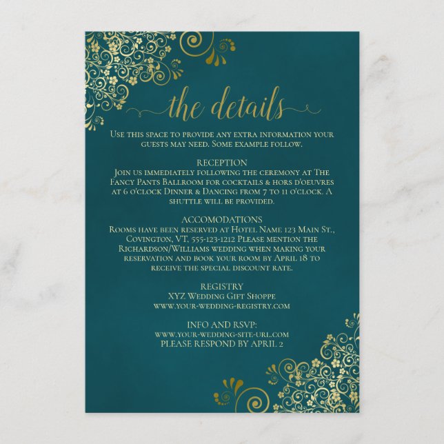 Cartão De Informações Golden Curls & Swirls on Dark Teal Wedding Details (Frente)