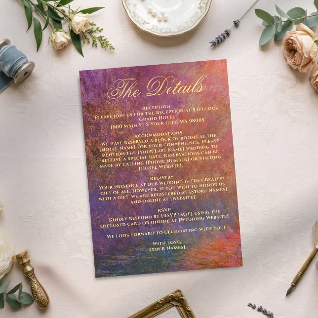 Cartão De Informações Golden Orange Purple Sunset Sky Monet Art Wedding (Criador carregado)