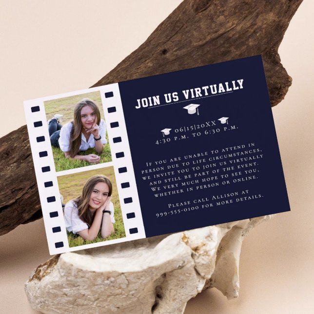 Cartão De Informações Graduação de Colagem de Fotos em Filmstrip | Azul (Blue Filmstrip Photo Collage Graduation Enclosure Card)