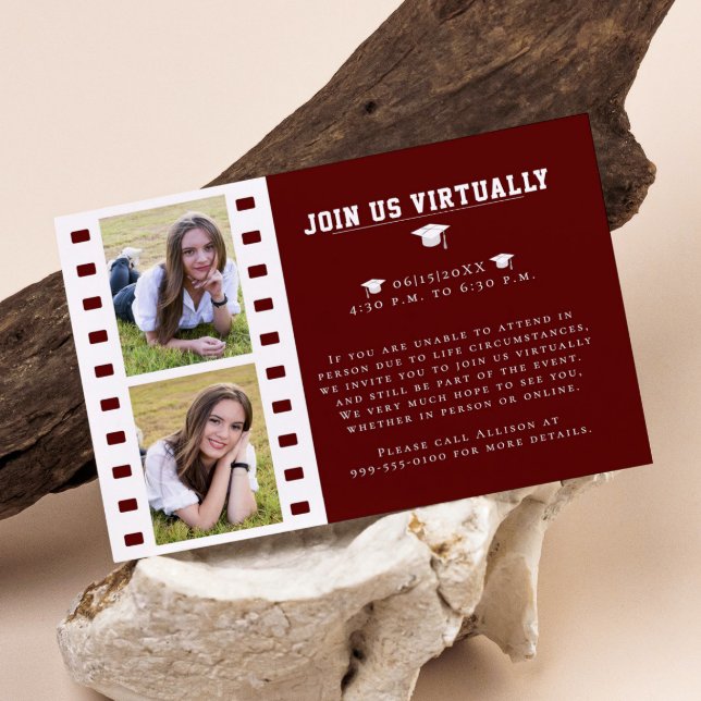 Cartão De Informações Graduação de Colagem de Fotos em Filmstrip | Verme (Red Filmstrip Photo Collage Graduation Enclosure Card)