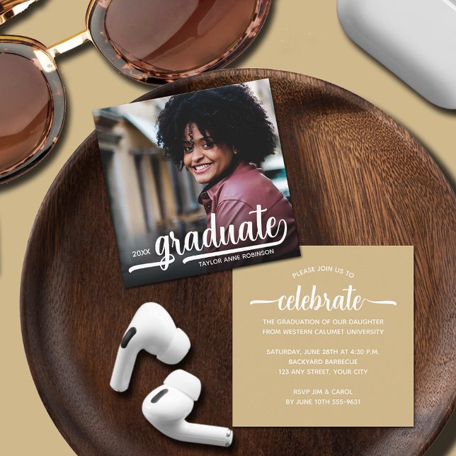 Cartão De Informações Graduação Dourada de Foto Moderna (Small 2.5" x 2.5" photo gold graduate invitation enclosure cards, hand out or put in announcements)