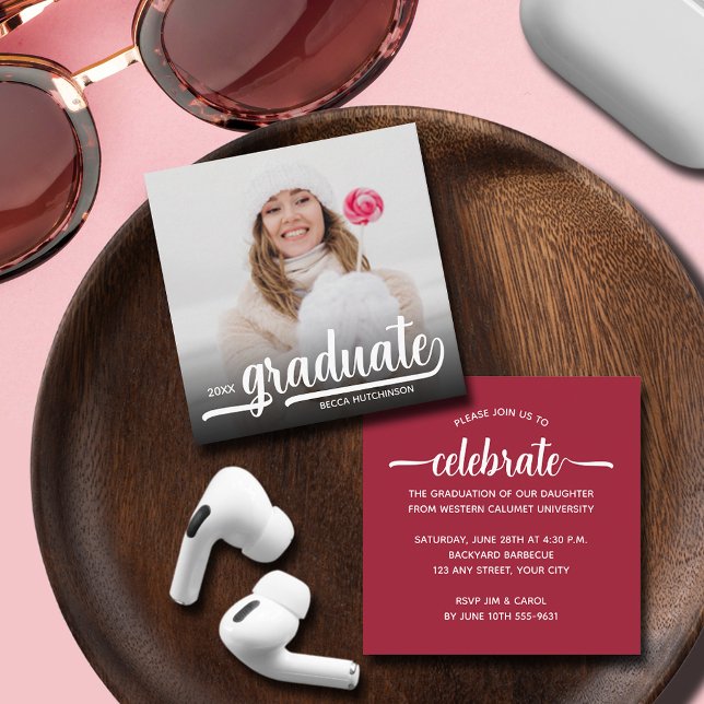 Cartão De Informações Graduação por Foto Moderna (SMALL 2.5" SQUARE graduation invitations are perfect to enclose with  announcements or to hand out.)