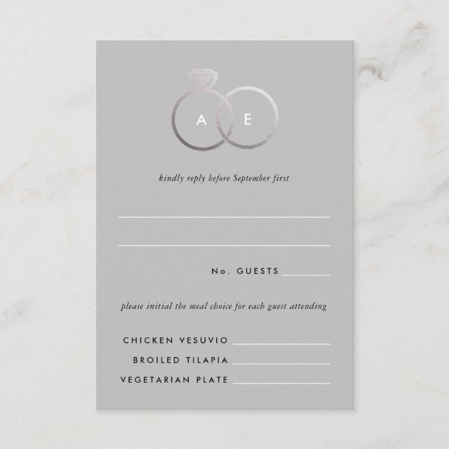 Cartão De Informações Gray Modern Silver Rings Wedding RSVP Reply Card (Frente)