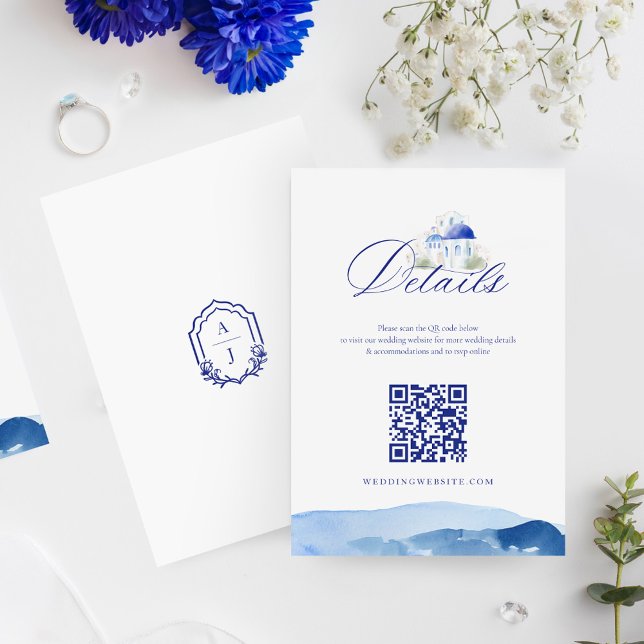 Cartão De Informações Grécia Santorini Detalhe de Casamento de Aquarela  (Santorini Greece Watercolor Wedding Detail QR Code Enclosure Card)