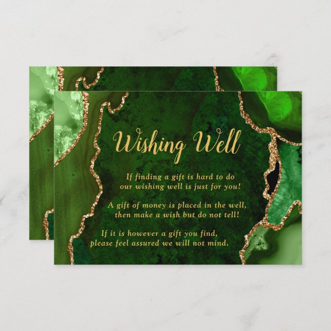 Cartão De Informações Green and Gold Agate Wedding Wishing Well (Frente/Verso)