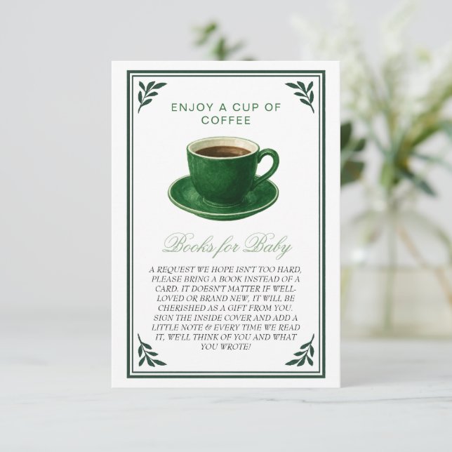 Cartão De Informações Green Coffee Cup Books for Baby Shower (Em pé/Frente)