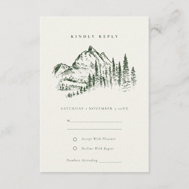 Cartão De Informações Green Pine Woods Mountain Sketch Wedch RSVP (Frente)
