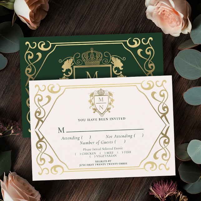 Cartão De Informações Green Royal Fantasy Monograma Wedding RSVP (Criador carregado)