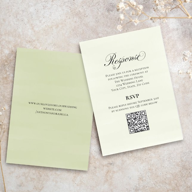 Cartão De Informações Green Script Wedding QR Code RSVP Elegant  (Elegant greenery script RSVP with QR code for easy online guest responses.)